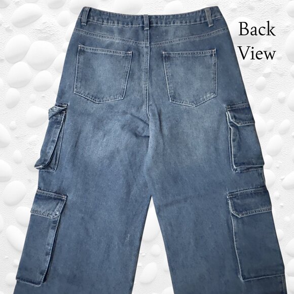 Fashion Nova High-Waisted Wide-Leg Denim Cargo Jeans – Size 11 - Picture 2 of 4
